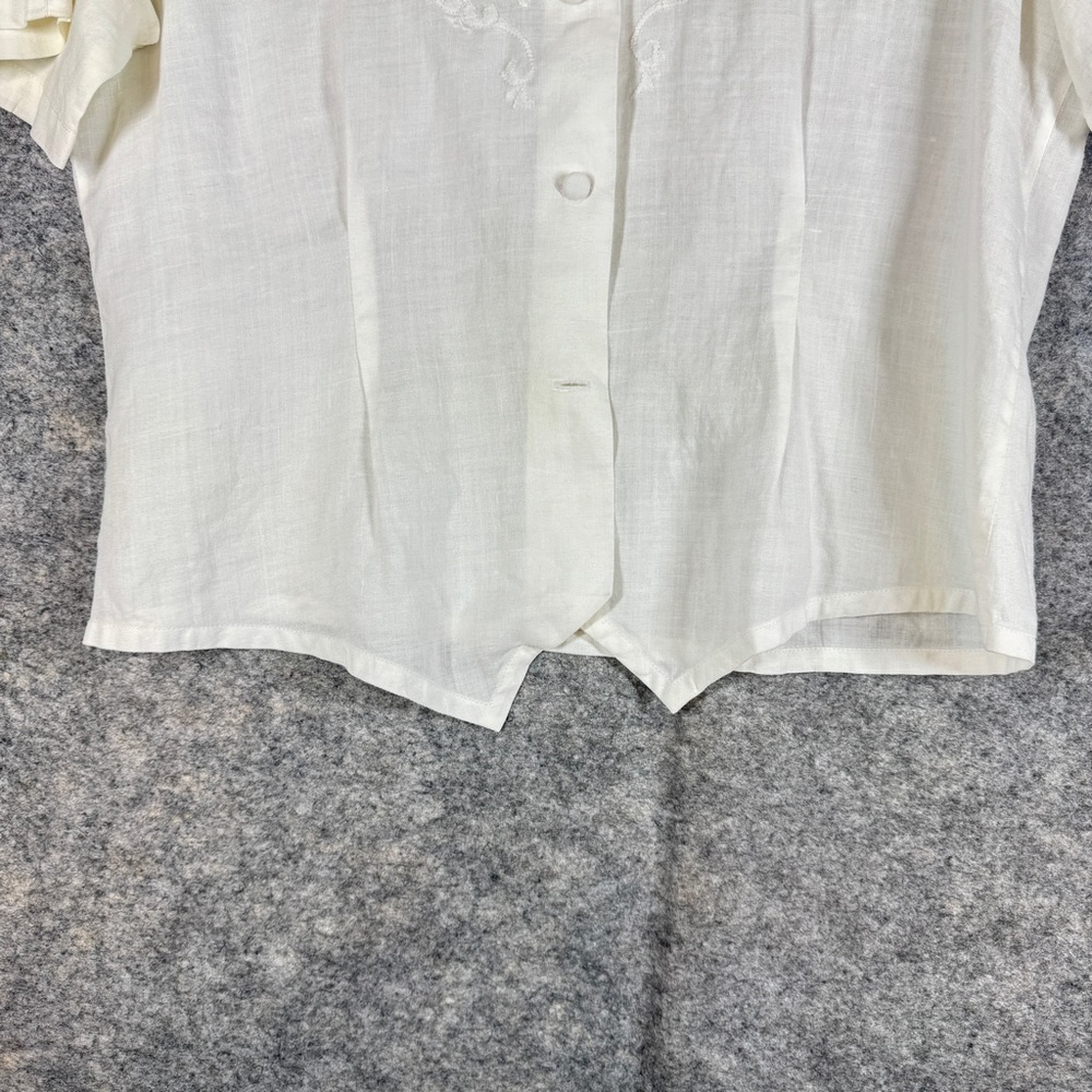 Vintage Ivory Linen Embroidered Button Blouse XL Short Sleeve Summer Cottagecore - Picture 9 of 16